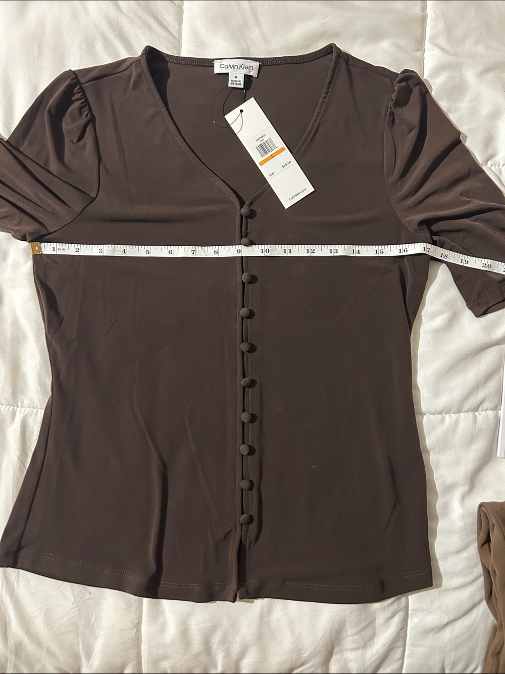 Calvin Klein Brown Covered-Button Short Sleeve Top
